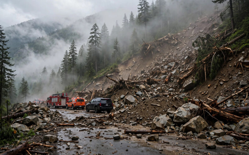 Illustration of a mountain road blocked by landslide debris in mist with emergency vehicles.