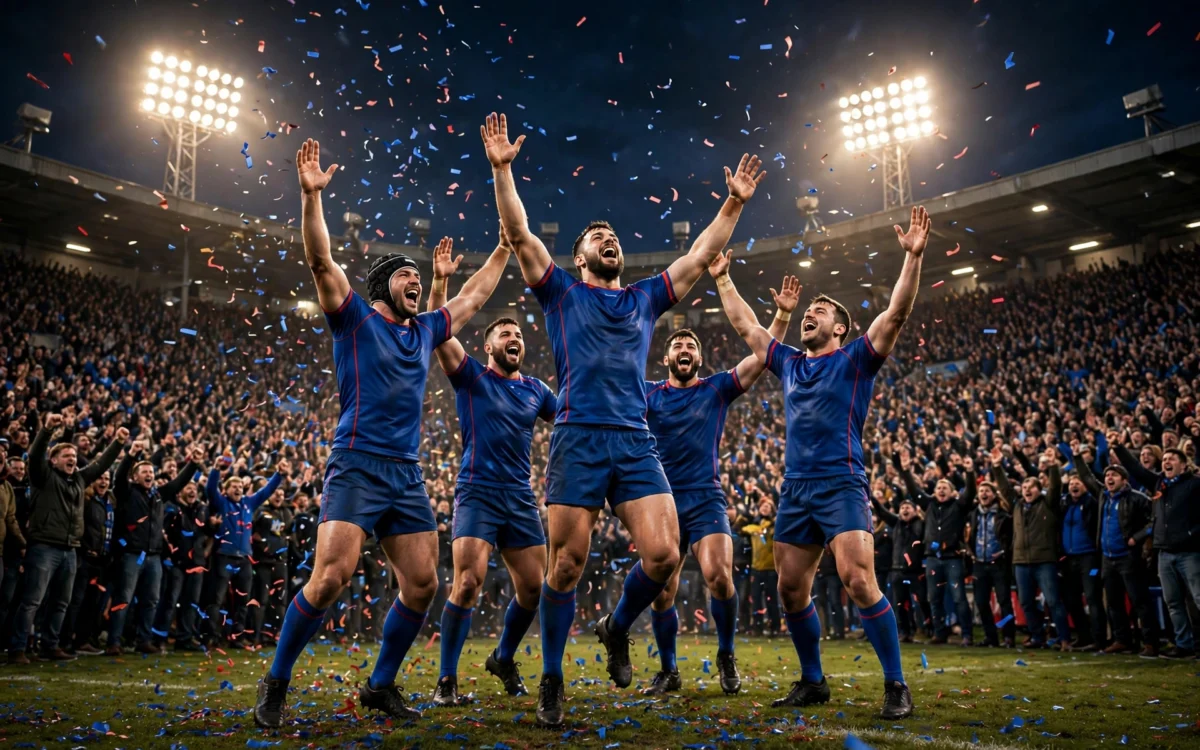 Newcastle rugby league players celebrating under floodlights in a packed stadium.