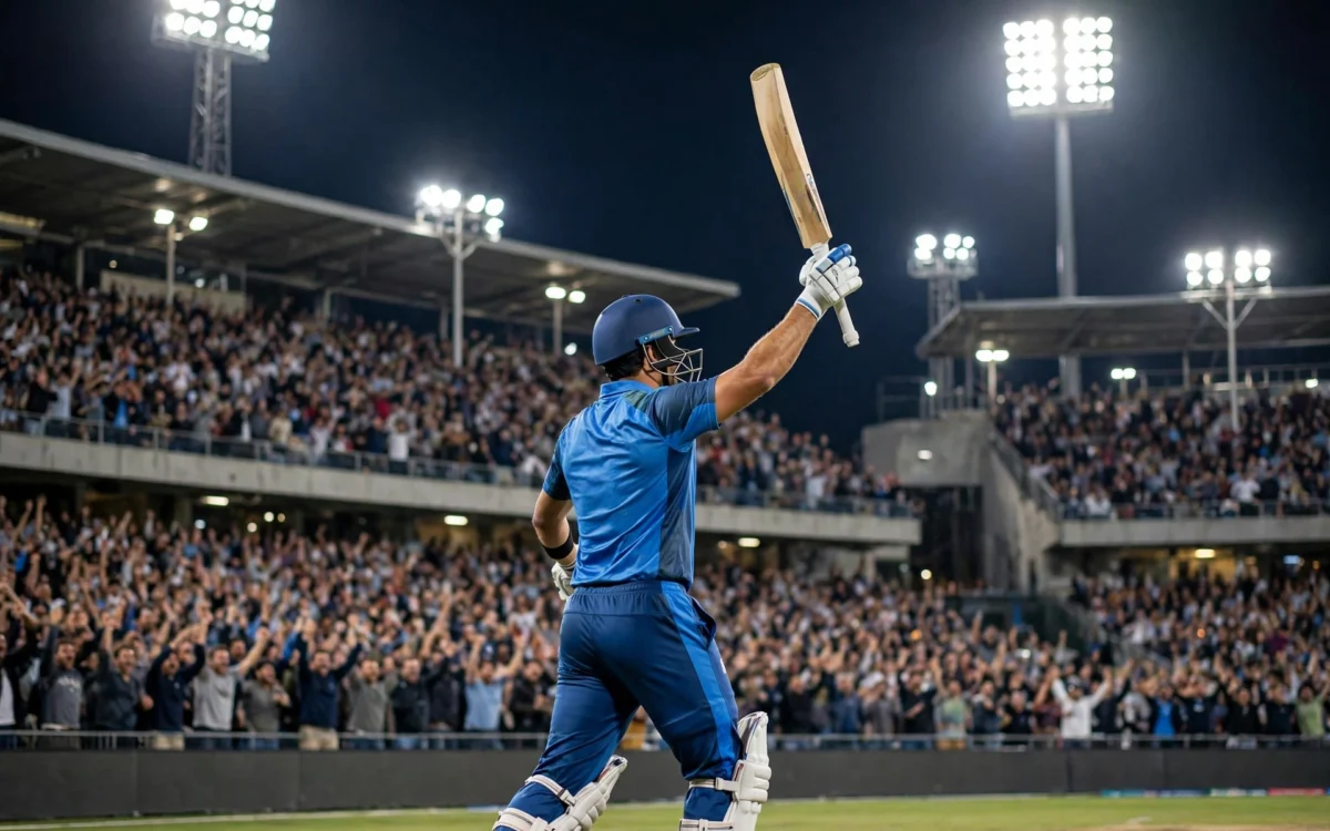 A batsman celebrating a century at a packed cricket stadium