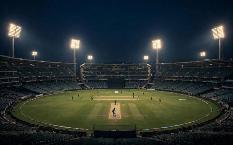 A batsman playing a shot under floodlights in a cricket stadium at night