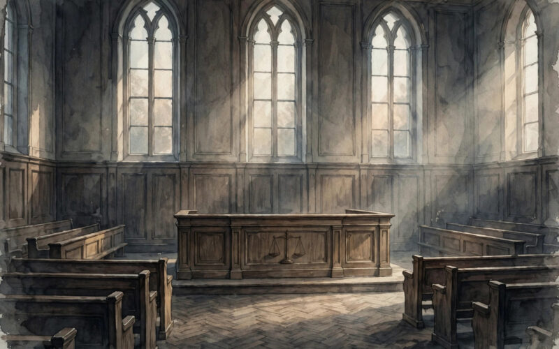 An illustration of an empty courtroom bench lit by soft window light.