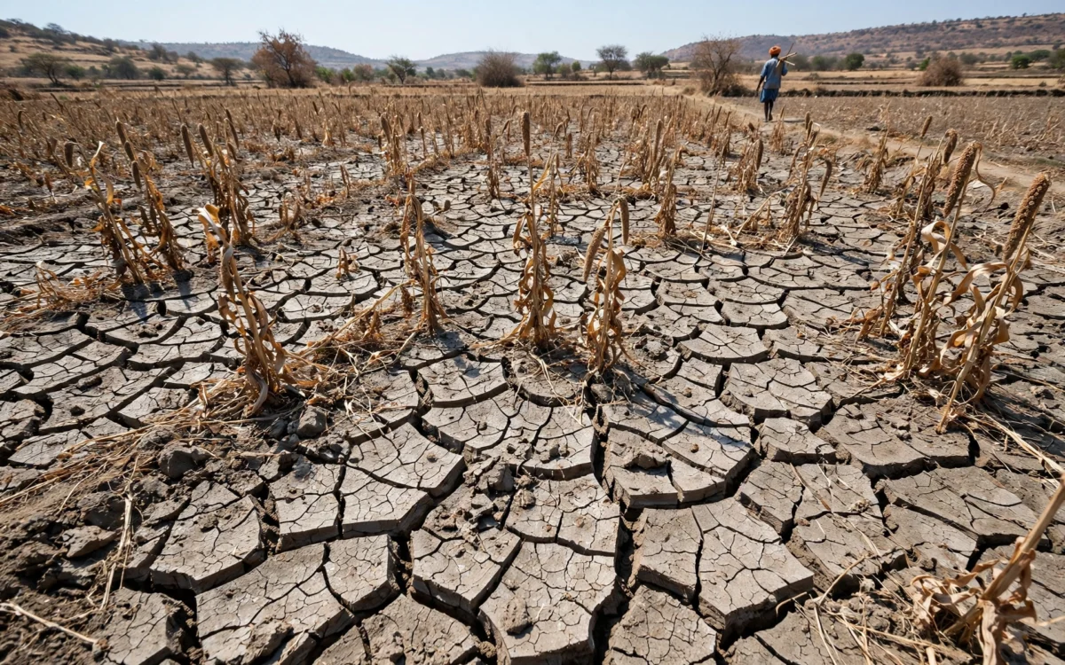 Cracked dry farmland in rural Maharashtra with a lone farmer walking in the distance.