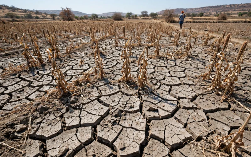 Cracked dry farmland in rural Maharashtra with a lone farmer walking in the distance.
