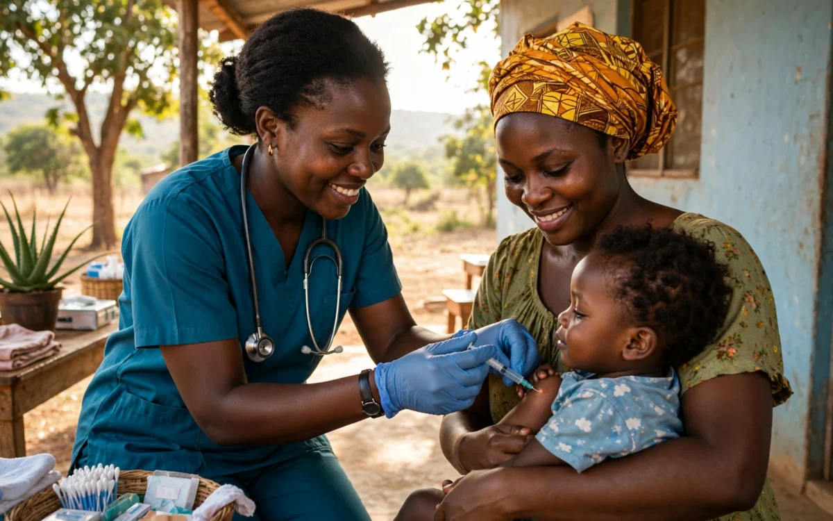 A health worker vaccinates a small child held by its mother at a rural African clinic.