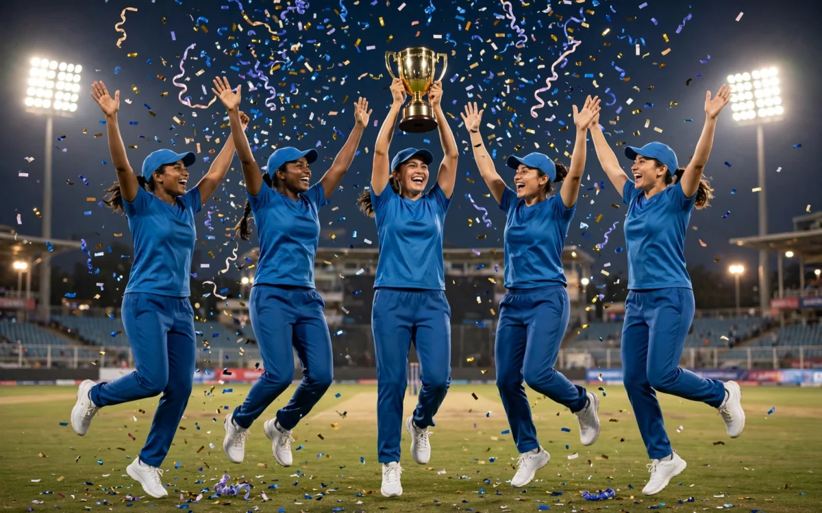 Indian women's cricket team celebrating with a gold medal