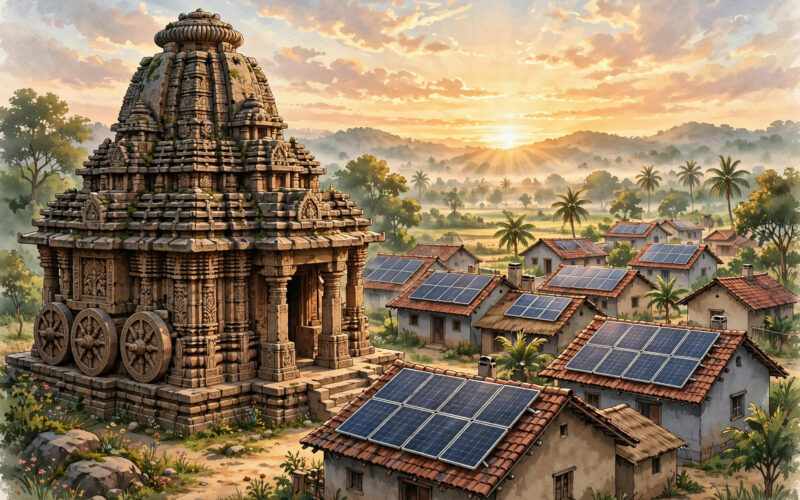 An illustration of an ancient sun temple beside village rooftops fitted with solar panels at sunrise.