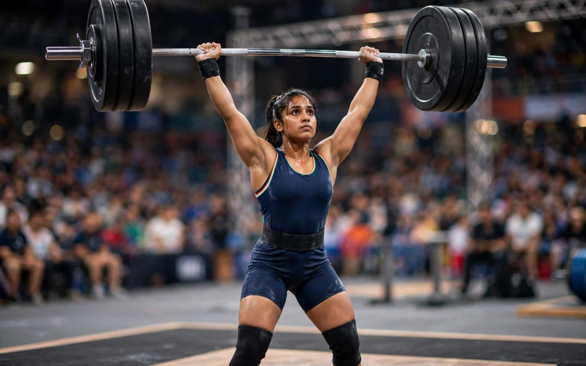A female Indian weightlifter holds a barbell overhead in competition.