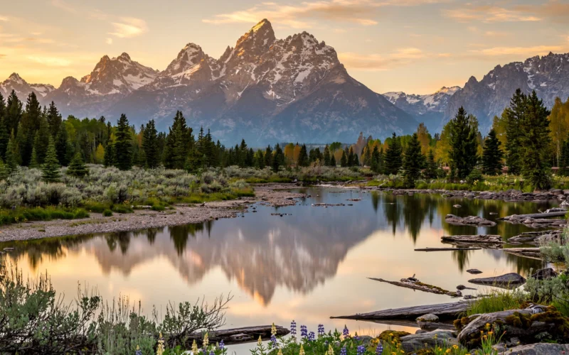 Grand Teton mountain peaks at sunrise with a lake in the foreground.