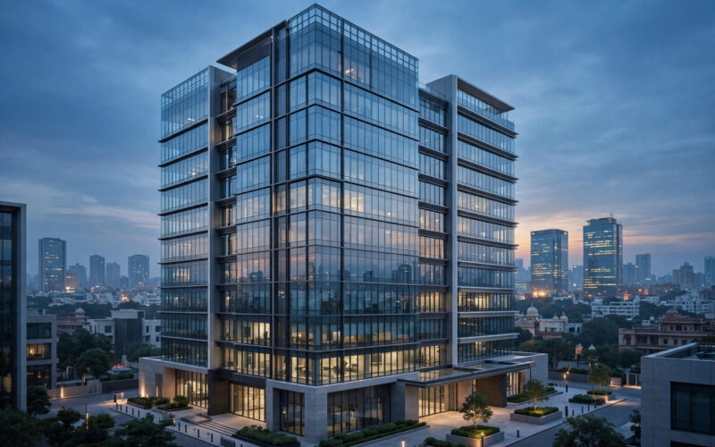 Modern office building in an Indian city skyline at dusk
