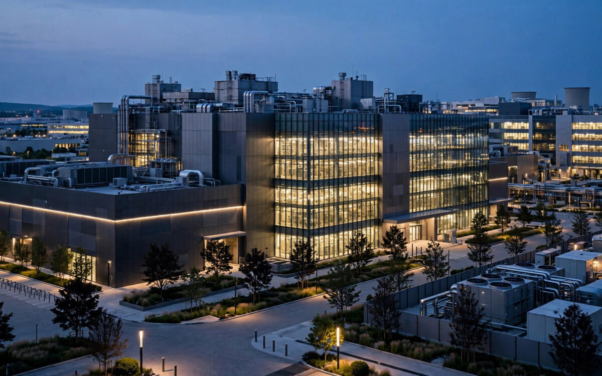 A modern semiconductor factory building lit up at dusk