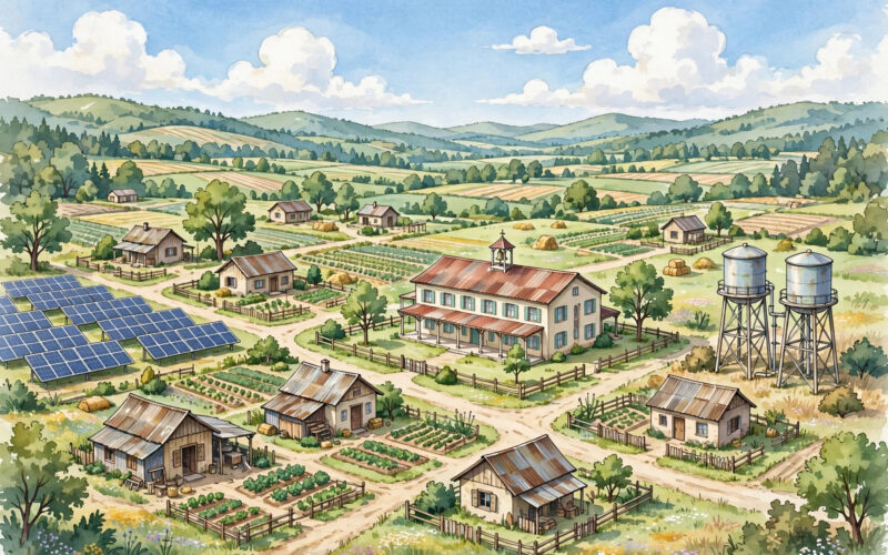 Illustration of a small rural village with houses, a school, solar panels and water towers