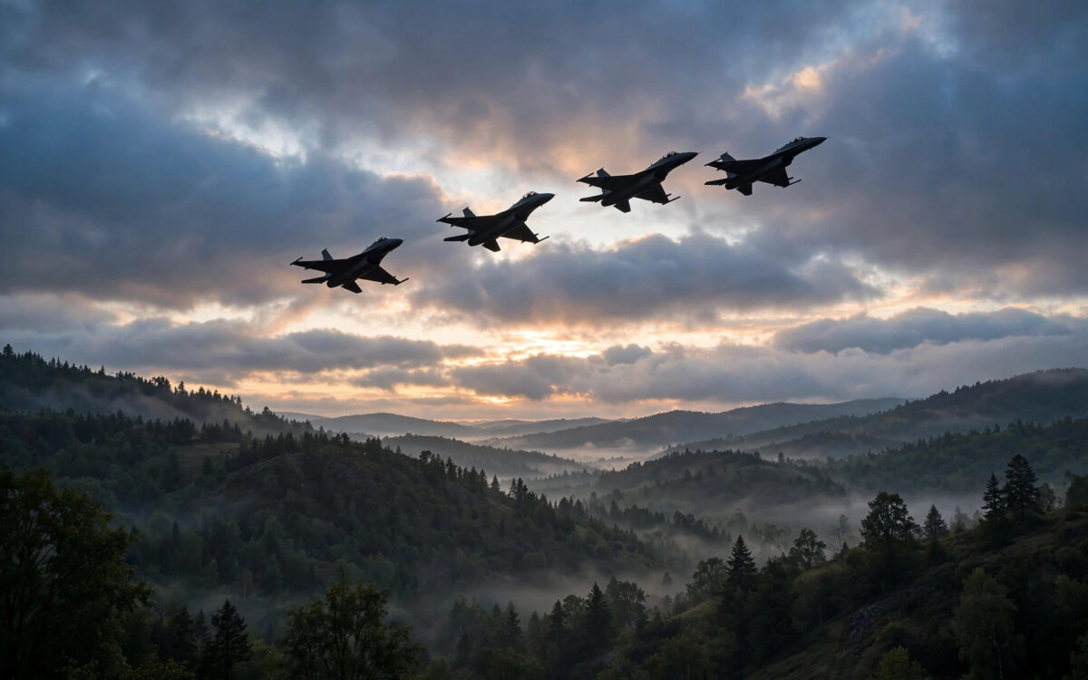 Illustration of fighter jets flying over forested border hills at dawn under a cloudy sky.