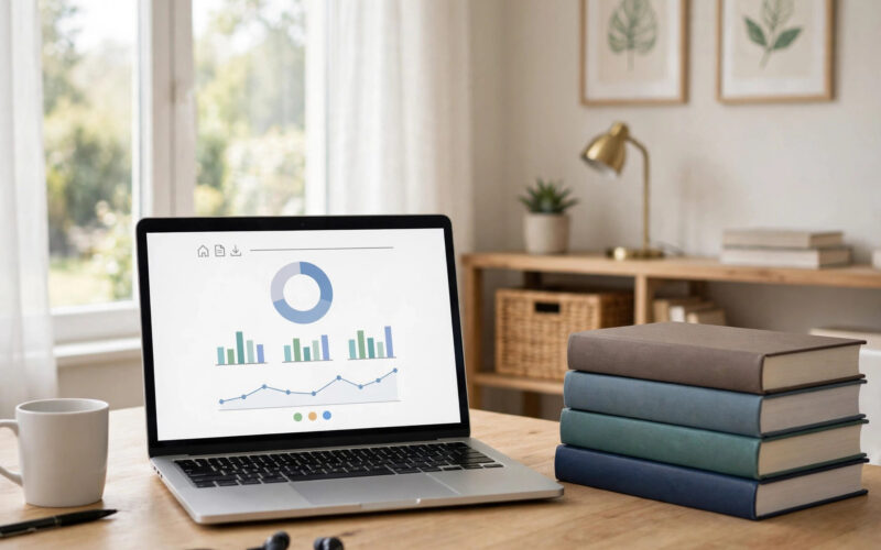 Laptop showing exam results beside medical textbooks