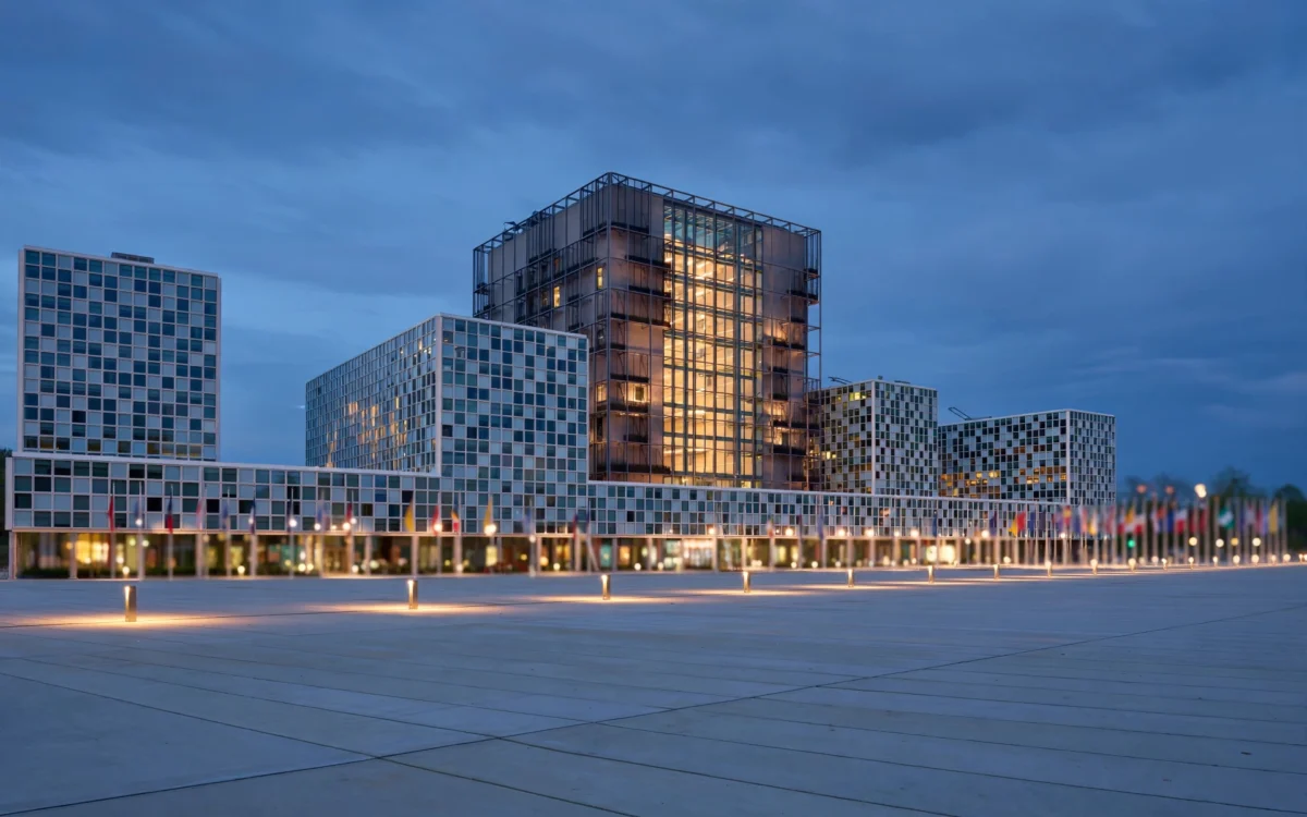 International Criminal Court building in The Hague at dusk