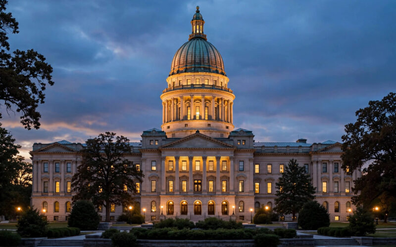 Illustration of a state capitol building with a domed roof at dusk.