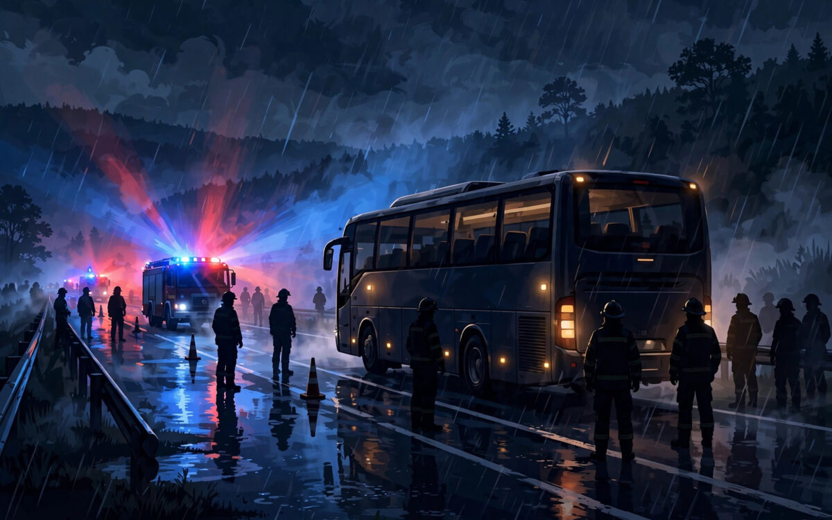 An illustration of a bus on a highway at night with emergency lights glowing nearby.