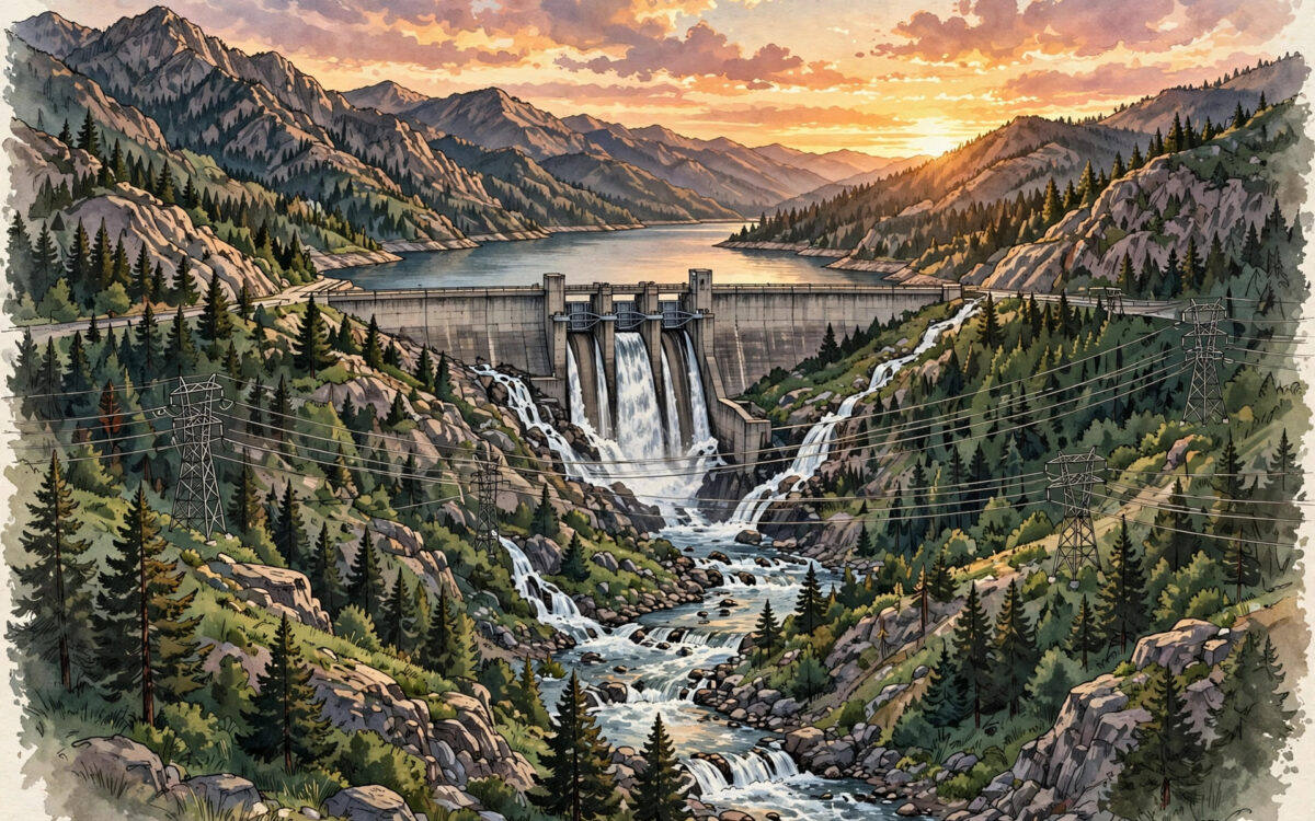 Illustration of a mountain reservoir dam with power lines crossing the valley at sunset