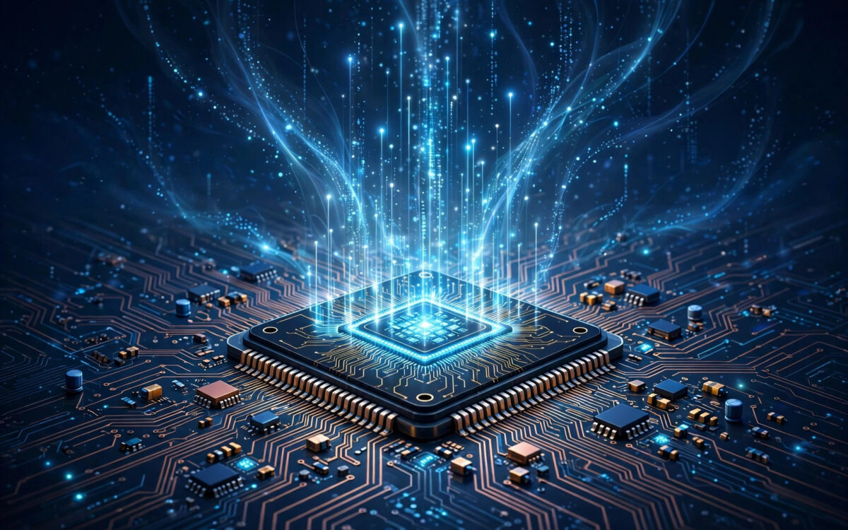 Illustration of a glowing microchip on a circuit board with data streams