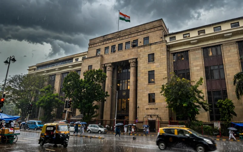 The Reserve Bank of India headquarters in Mumbai under dramatic clouds.