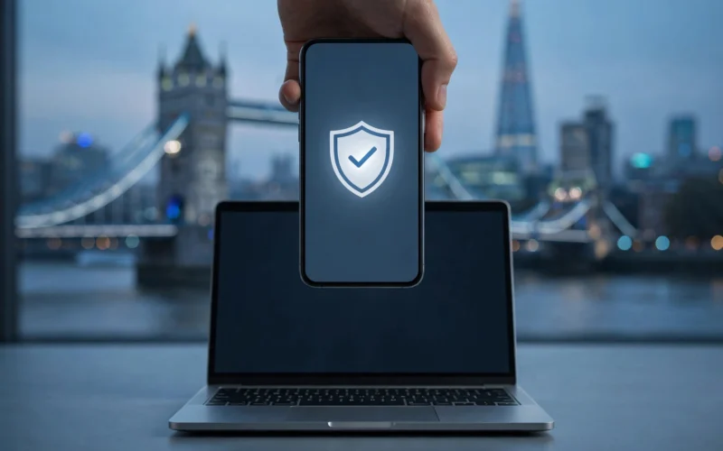 A smartphone with a shield and age-check symbol on its screen held above a laptop.
