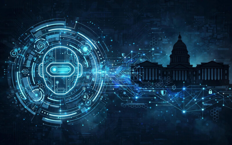 An illustration of an AI interface connected by digital lines to government building silhouettes.