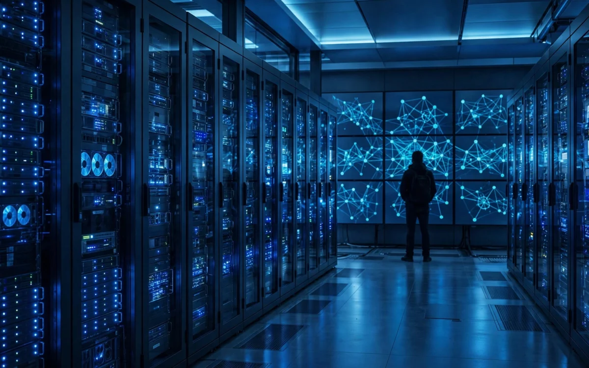 A researcher monitoring computer screens in a secure server room