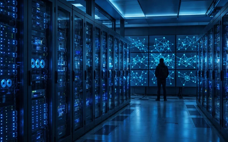 A researcher monitoring computer screens in a secure server room