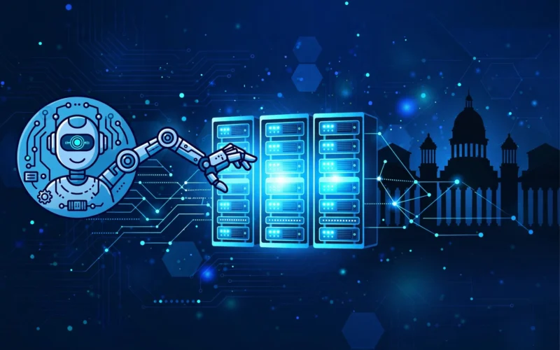 Illustration of an AI agent icon reaching toward government-style server racks in a digital network.