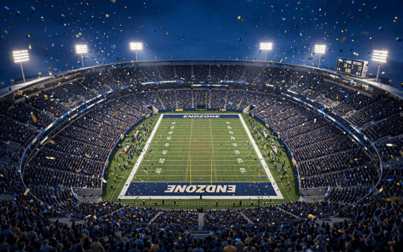 Floodlit college football stadium at night during the Oregon vs USC game