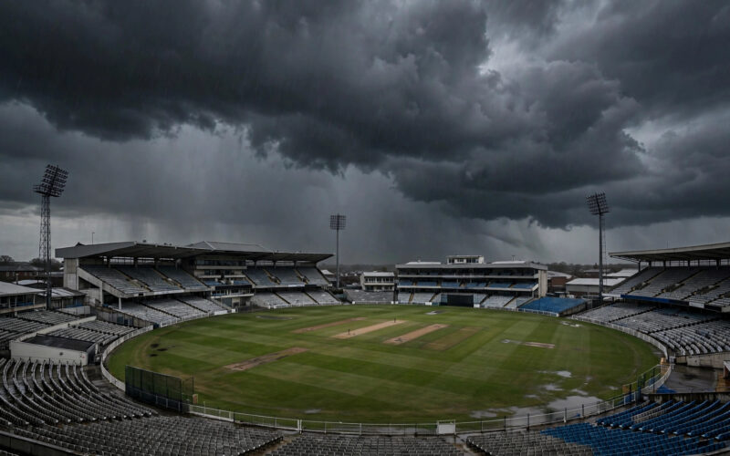 A cricket stadium under dark rain clouds on a gloomy day