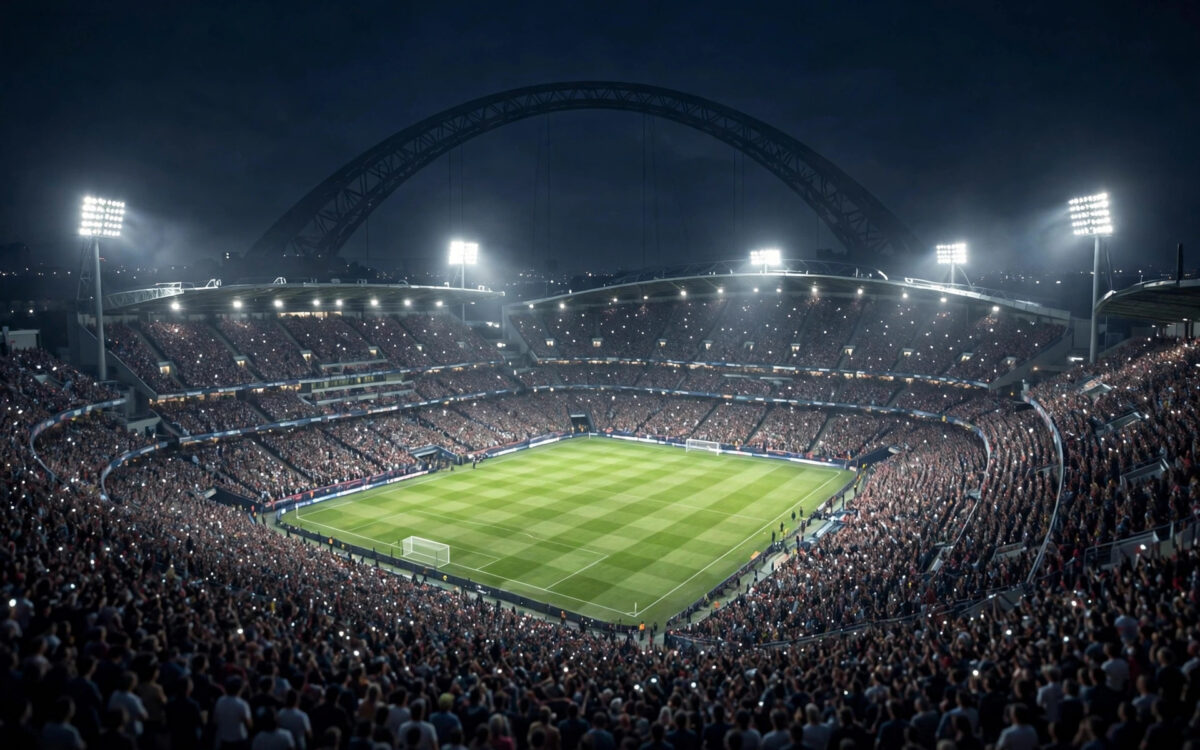 Packed football stadium under floodlights at night
