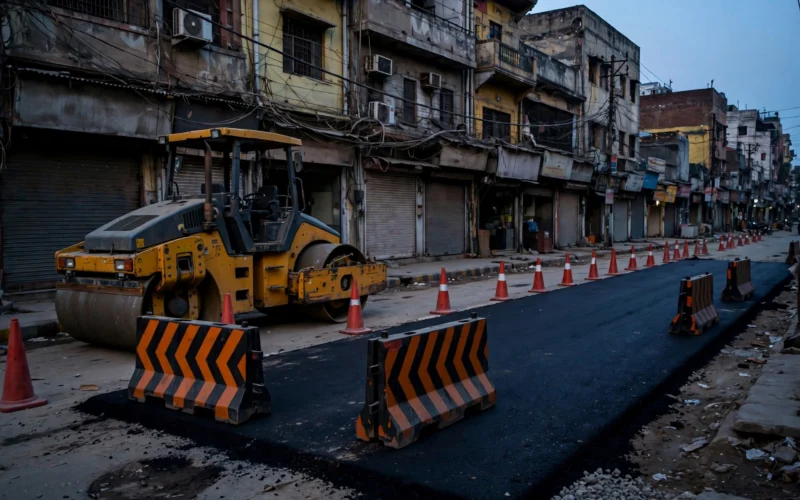 Delhi street at dusk with a parked road roller, traffic cones and construction barriers on fresh asphalt.