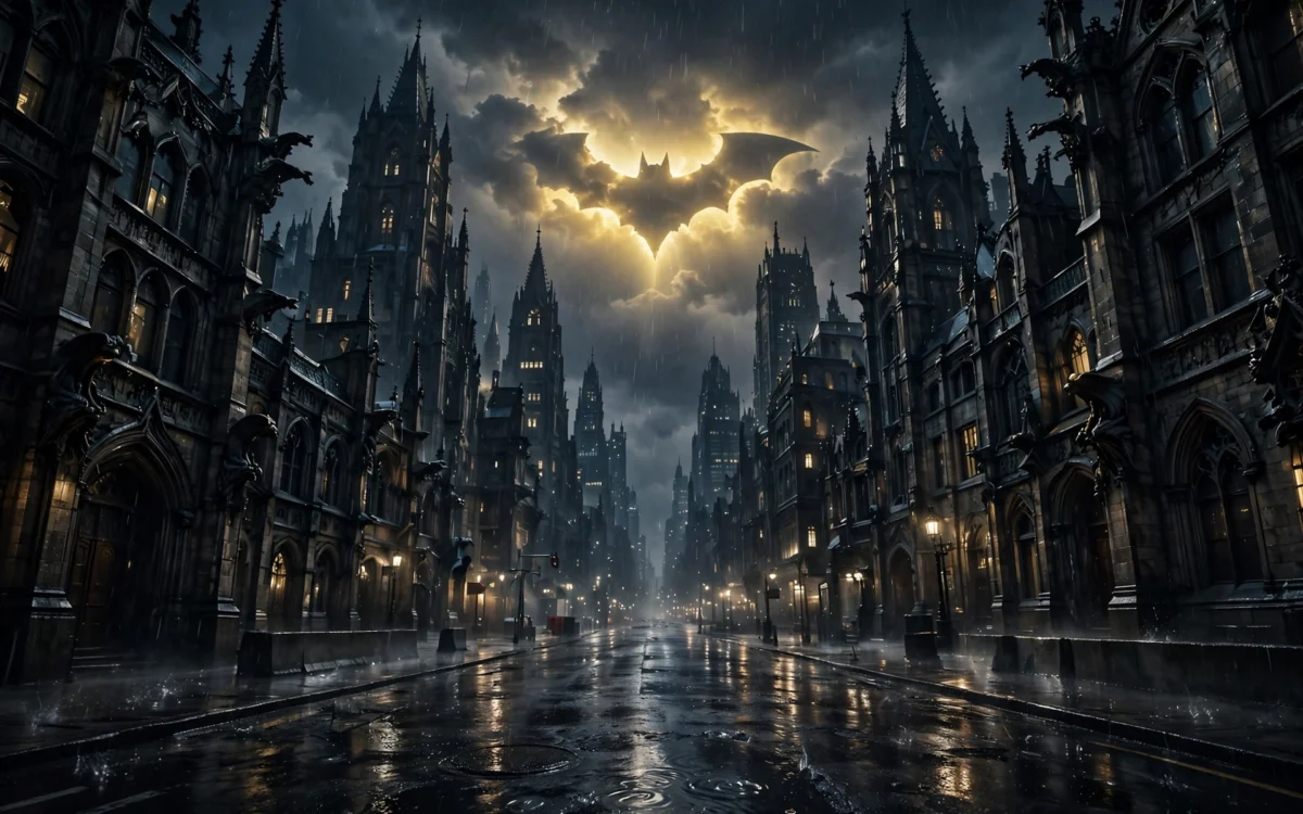 A rain-soaked Gotham-like city street at night under a glowing bat-signal in the clouds.