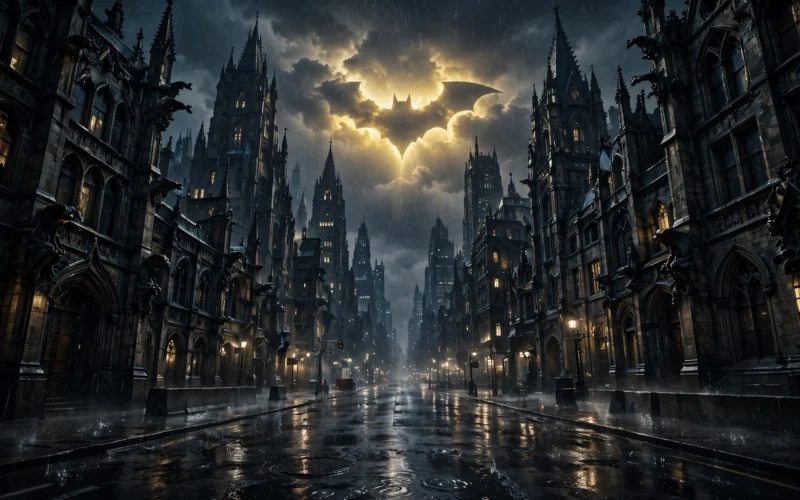 A rain-soaked Gotham-like city street at night under a glowing bat-signal in the clouds.