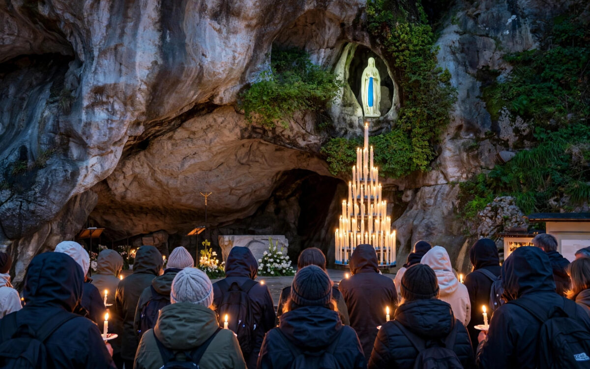 Candlelit grotto at Lourdes where Pope Leo XIV spoke on assisted dying