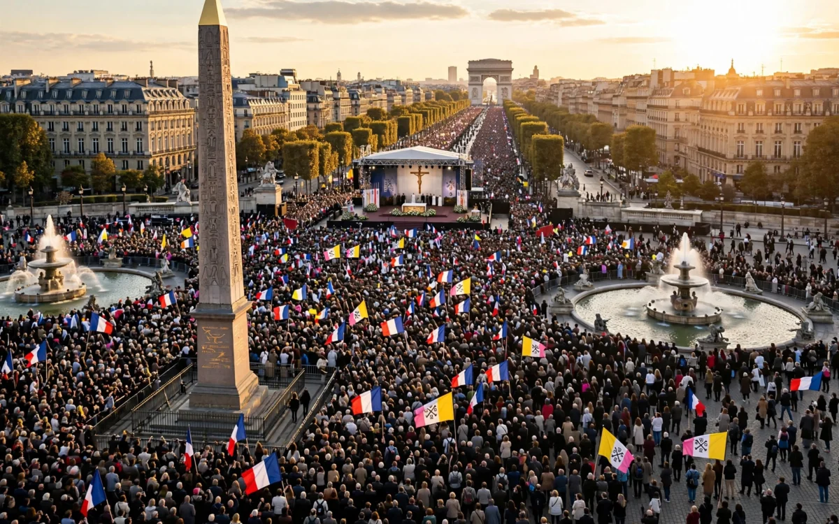 Pope Leo XIV aboard the popemobile greeting a massive crowd at an open-air Mass in Paris