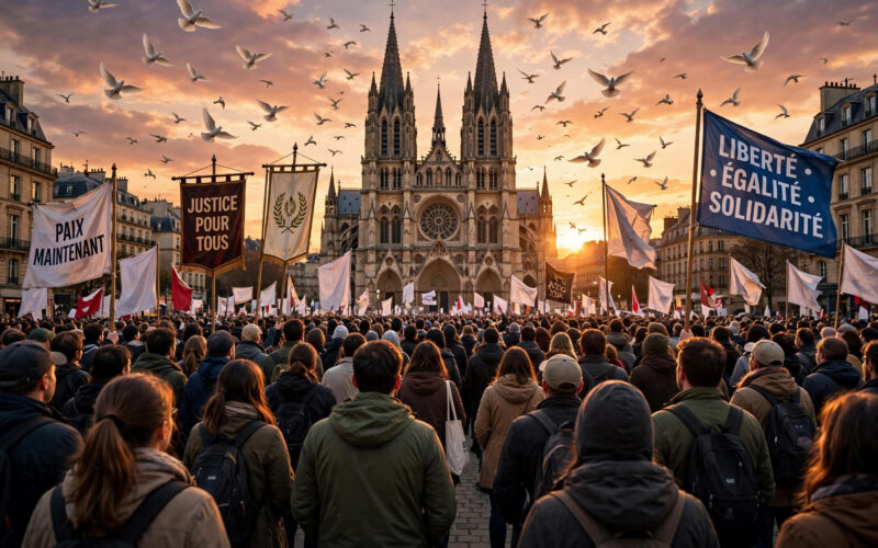 Crowd gathered at a cathedral plaza in France during Pope Leo XIV's visit