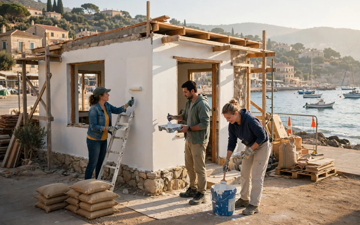 Volunteers work on a small café building near a Mediterranean seafront.