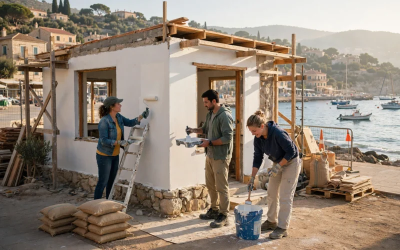 Volunteers work on a small café building near a Mediterranean seafront.