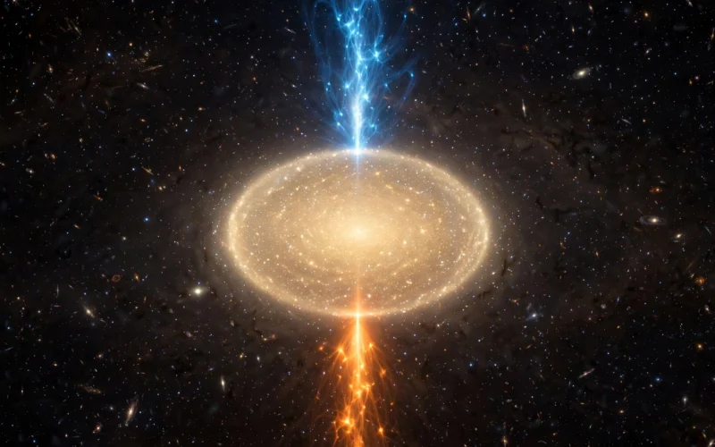 A giant elliptical galaxy emitting twin glowing radio jets into space.