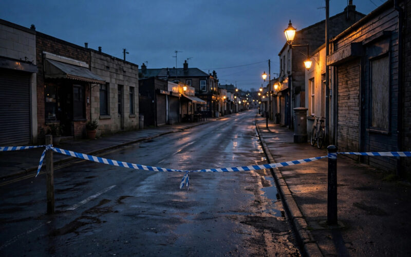 Police tape across a quiet township street at dusk