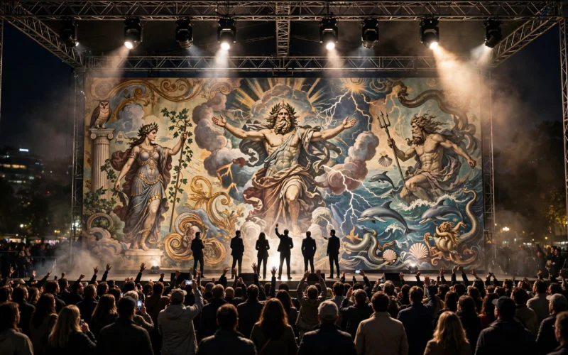 A film poster launch event with a large mythological backdrop on stage