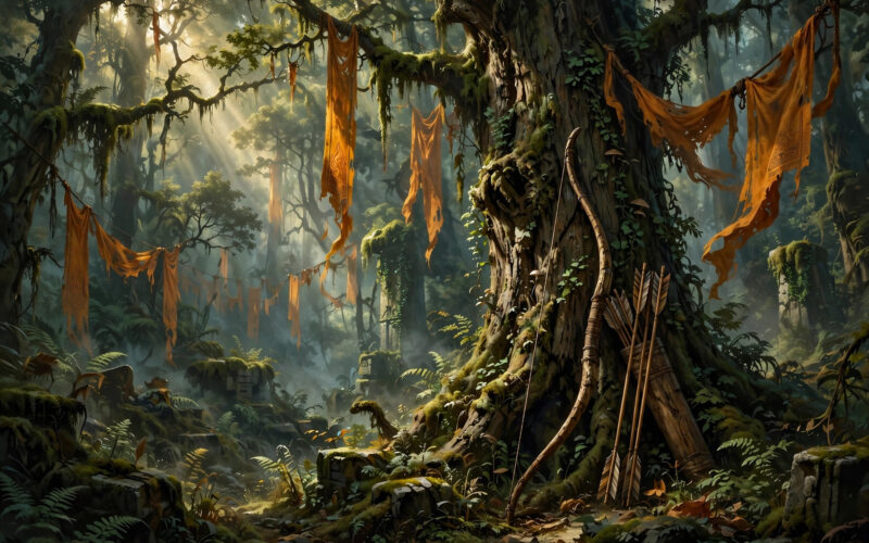 An illustration of an ancient forest with a bow and arrow against a tree and saffron banners.