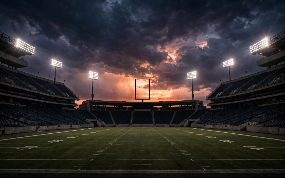 American football stadium at night with illuminated goal posts