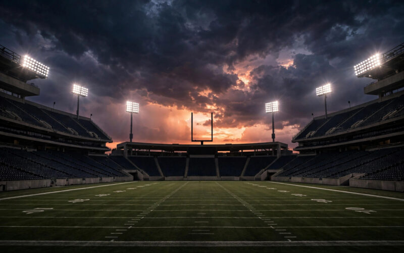 American football stadium at night with illuminated goal posts