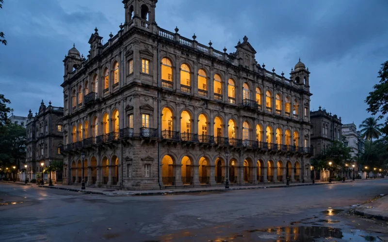 Grand colonial-era bank headquarters building in Mumbai at dusk with warm lit windows.