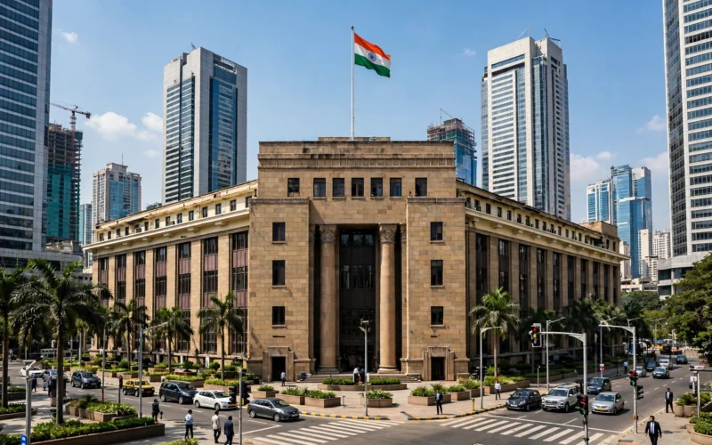 RBI headquarters in Mumbai with the Indian flag