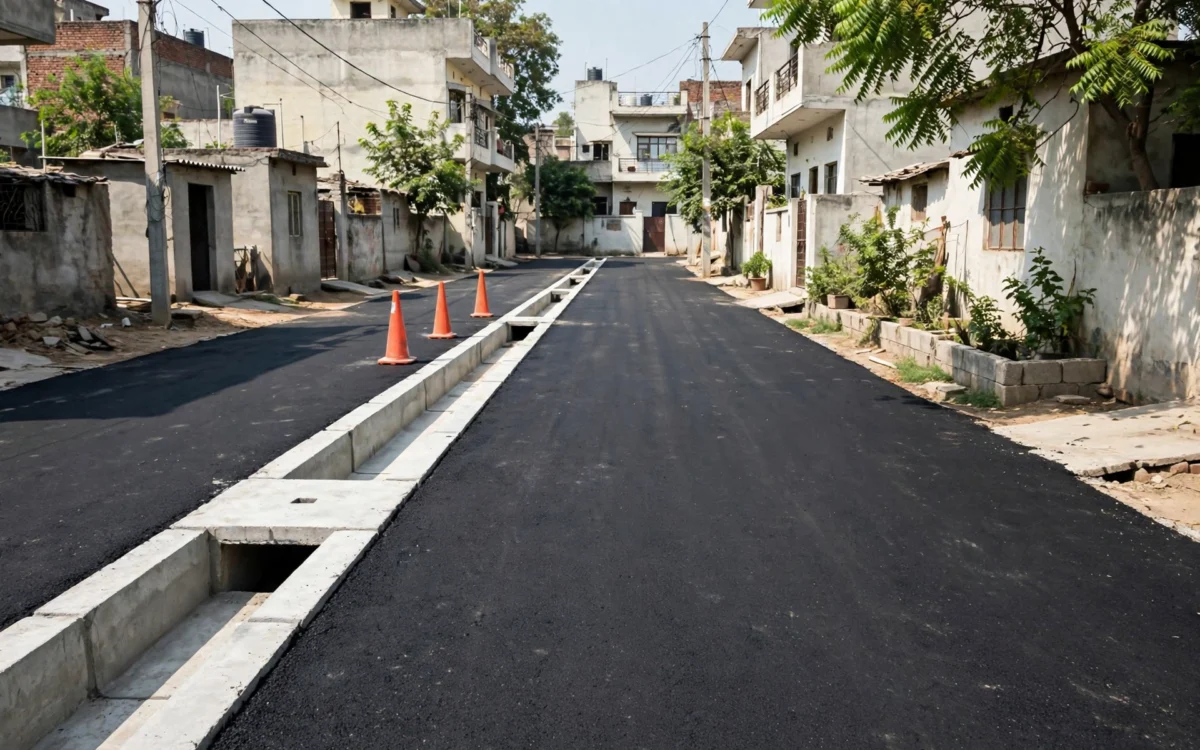 Newly built asphalt road in a Delhi residential colony with fresh drainage channels and traffic cones.