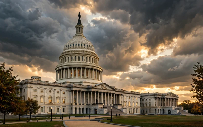 The US Capitol dome under a cloudy sky in Washington