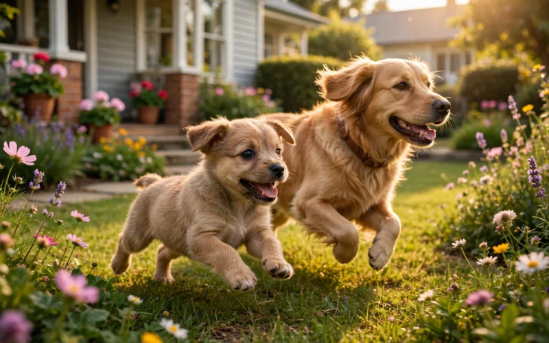 A small rescued tan puppy running joyfully across a sunny green garden with another dog.